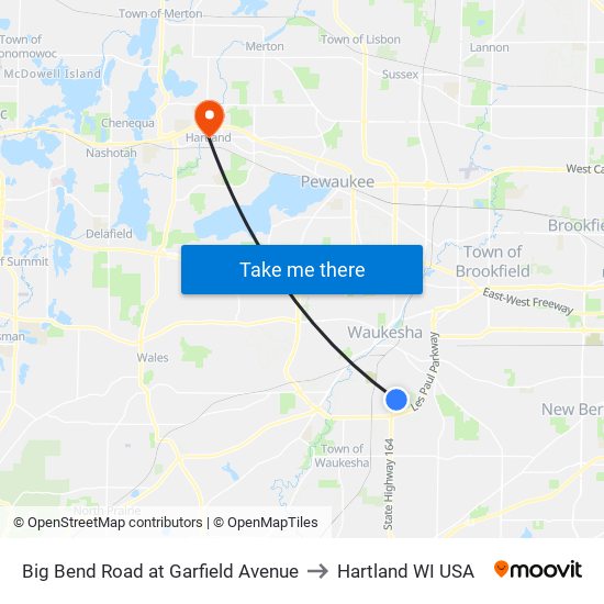 Big Bend Road at Garfield Avenue to Hartland WI USA map