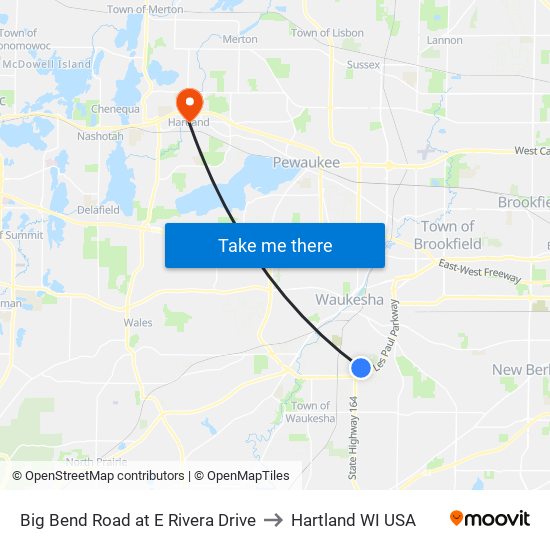 Big Bend Road at E Rivera Drive to Hartland WI USA map