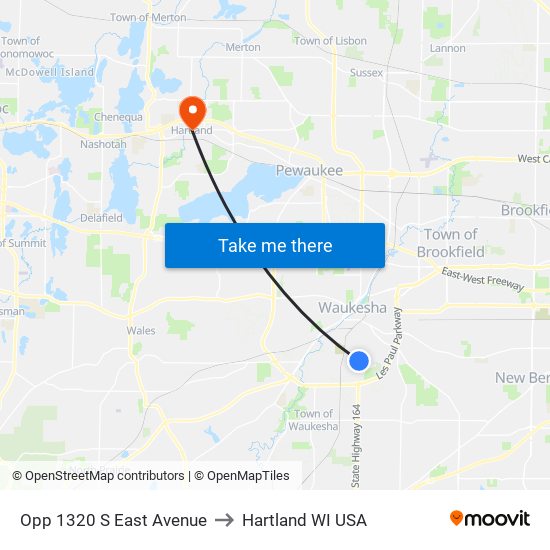 Opp 1320 S East Avenue to Hartland WI USA map