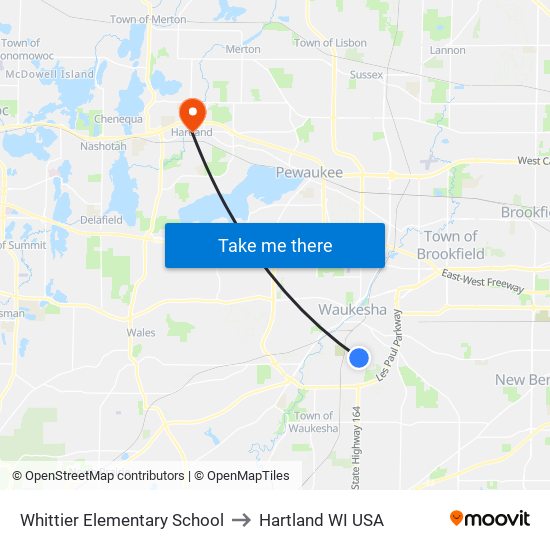 Whittier Elementary School to Hartland WI USA map