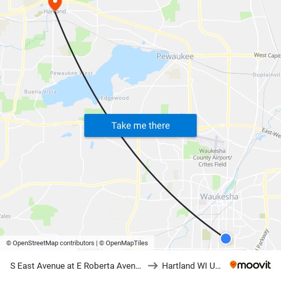 S East Avenue at E Roberta Avenue to Hartland WI USA map