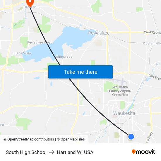 South High School to Hartland WI USA map