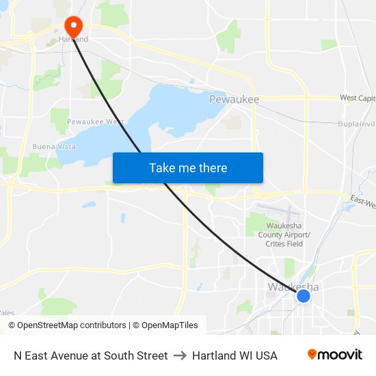 N East Avenue at South Street to Hartland WI USA map