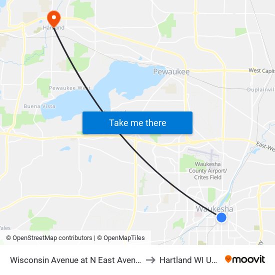 Wisconsin Avenue at N East Avenue to Hartland WI USA map