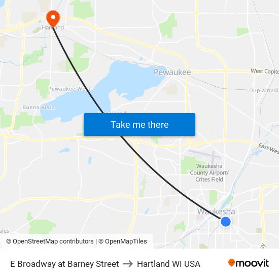 E Broadway at Barney Street to Hartland WI USA map