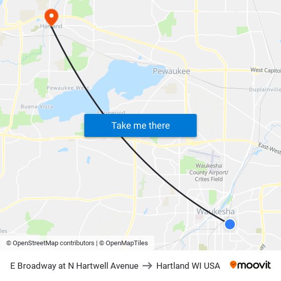 E Broadway at N Hartwell Avenue to Hartland WI USA map