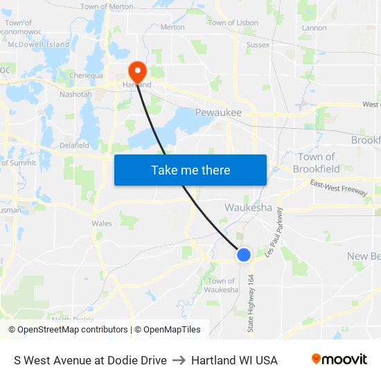 S West Avenue at Dodie Drive to Hartland WI USA map