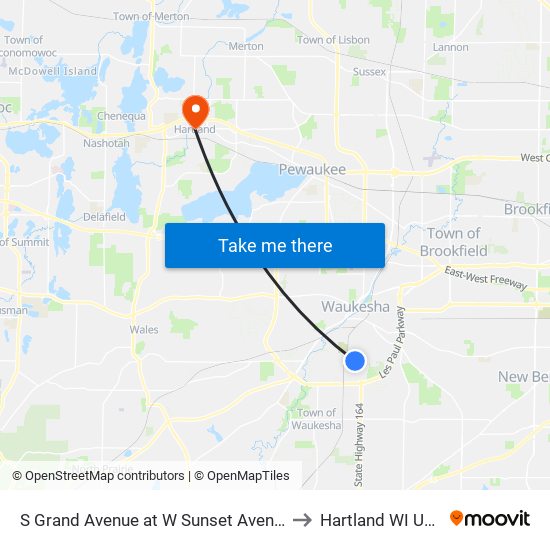 S Grand Avenue at W Sunset Avenue to Hartland WI USA map