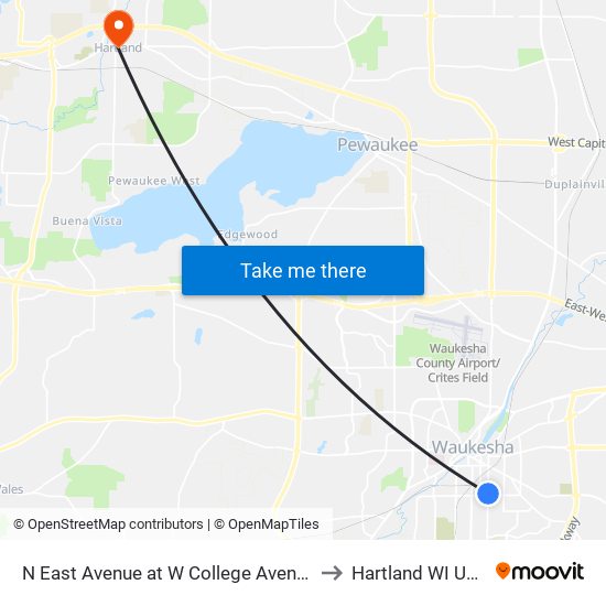 N East Avenue at W College Avenue to Hartland WI USA map