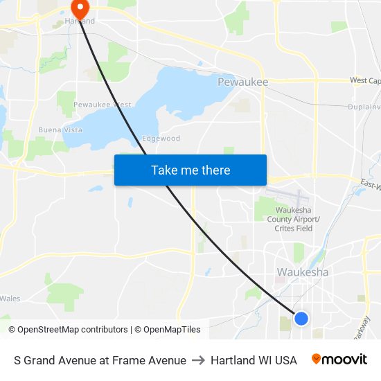 S Grand Avenue at Frame Avenue to Hartland WI USA map