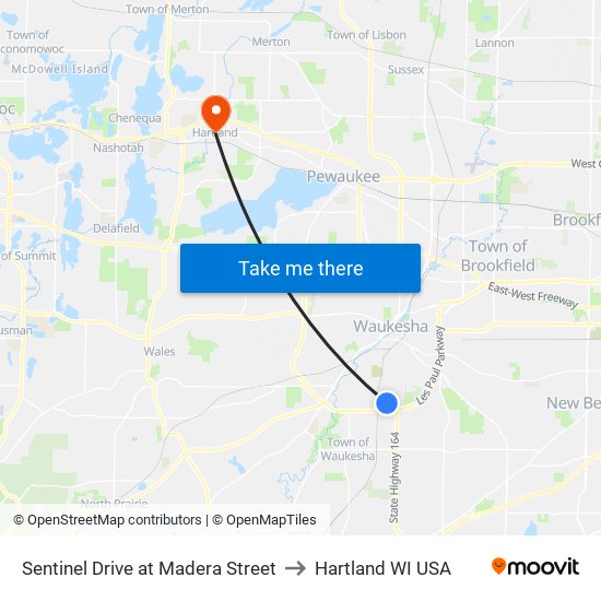 Sentinel Drive at Madera Street to Hartland WI USA map