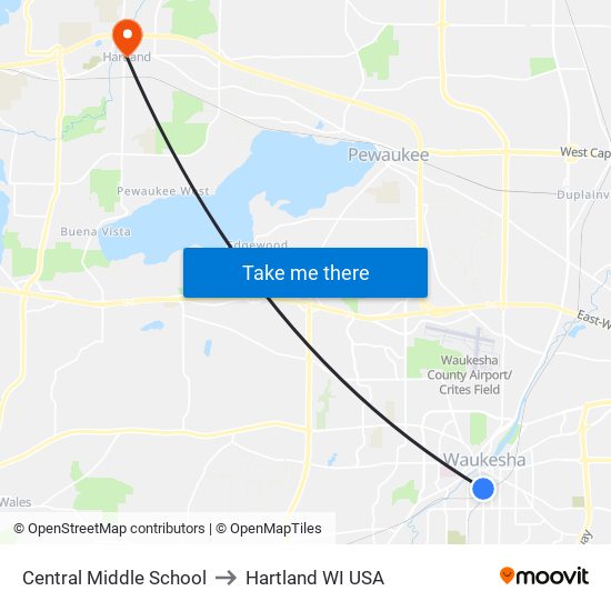 Central Middle School to Hartland WI USA map