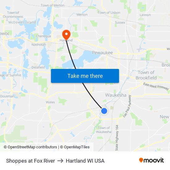 Shoppes at Fox River to Hartland WI USA map