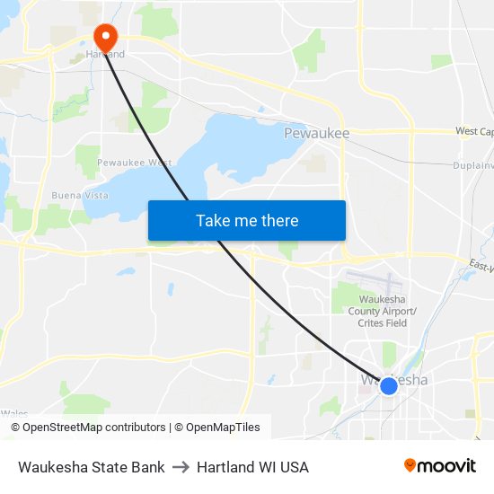 Waukesha State Bank to Hartland WI USA map