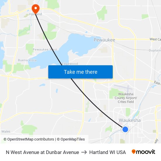 N West Avenue at Dunbar Avenue to Hartland WI USA map