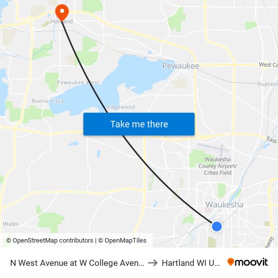 N West Avenue at W College Avenue to Hartland WI USA map