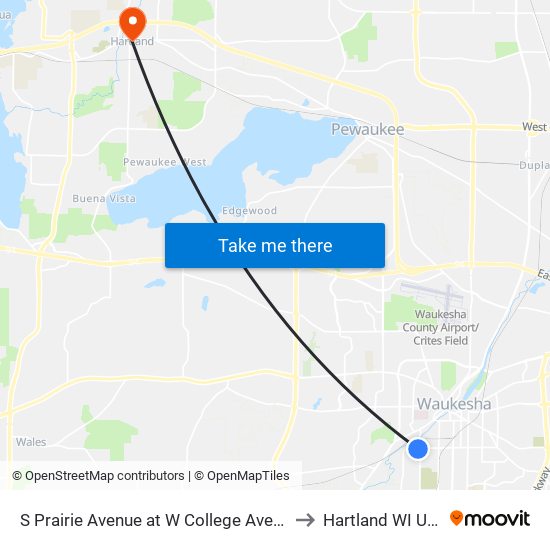 S Prairie Avenue at W College Avenue to Hartland WI USA map