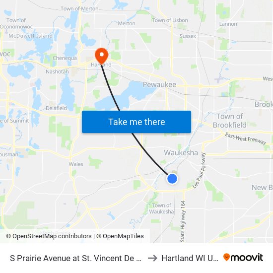 S Prairie Avenue at St. Vincent De Paul to Hartland WI USA map