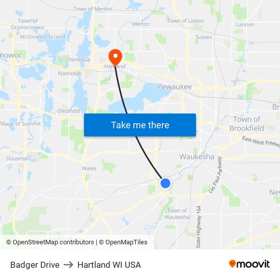 Badger Drive to Hartland WI USA map