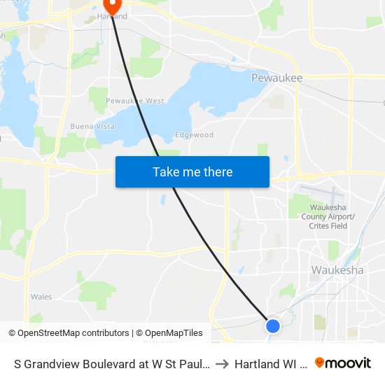 S Grandview Boulevard at W St Paul Avenue to Hartland WI USA map