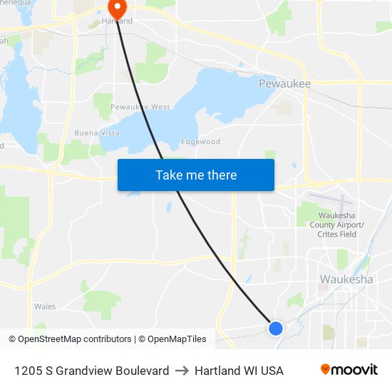 1205 S Grandview Boulevard to Hartland WI USA map