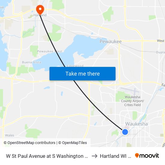 W St Paul Avenue at S Washington Avenue to Hartland WI USA map