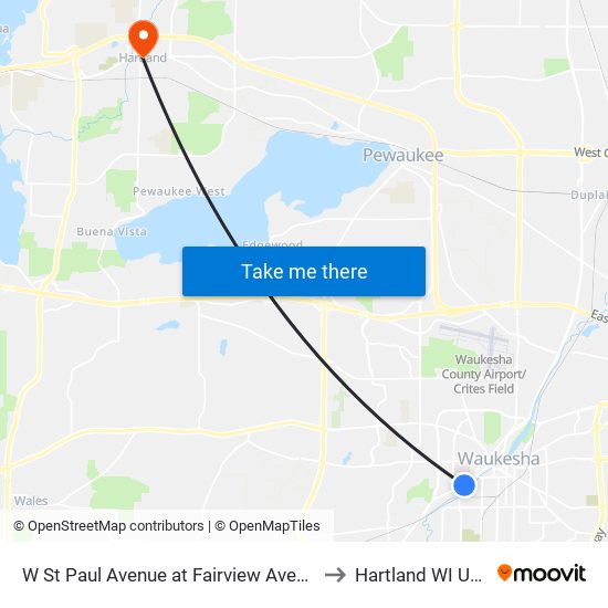 W St Paul Avenue at Fairview Avenue to Hartland WI USA map