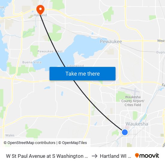 W St Paul Avenue at S Washington Avenue to Hartland WI USA map