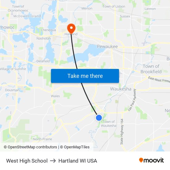 West High School to Hartland WI USA map