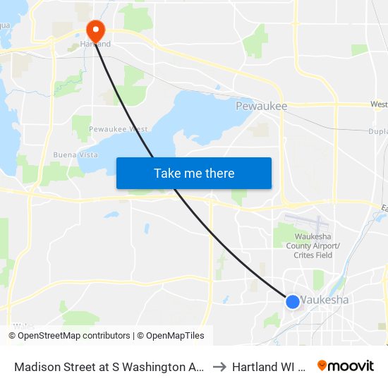 Madison Street at S Washington Avenue to Hartland WI USA map