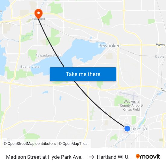 Madison Street at Hyde Park Avenue to Hartland WI USA map