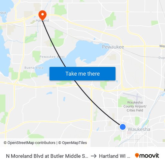 N Moreland Blvd at Butler Middle School to Hartland WI USA map