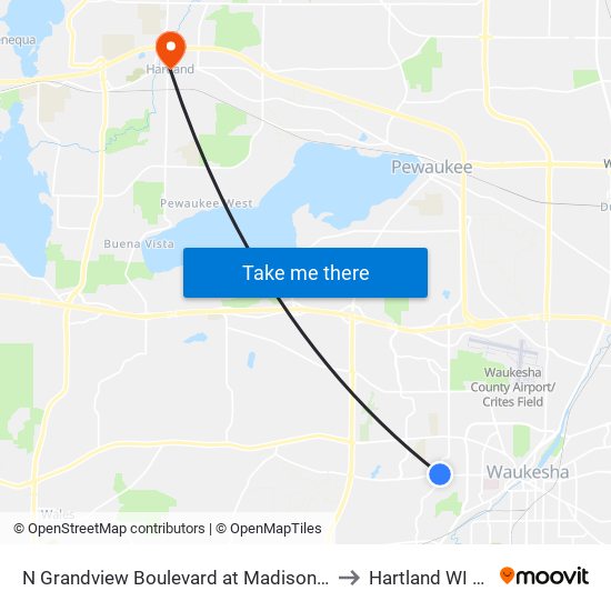 N Grandview Boulevard at Madison Street to Hartland WI USA map