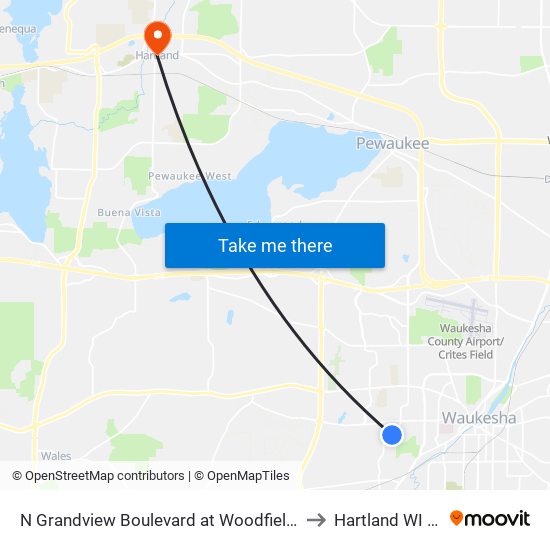 N Grandview Boulevard at Woodfield Circle to Hartland WI USA map