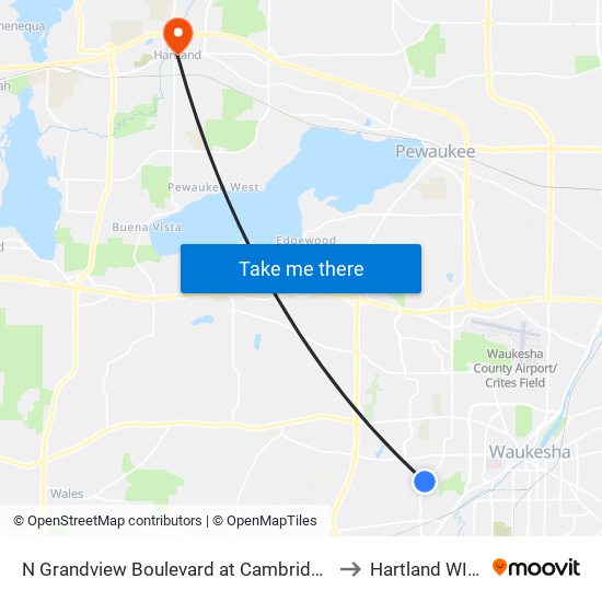 N Grandview Boulevard at Cambridge Avenue to Hartland WI USA map