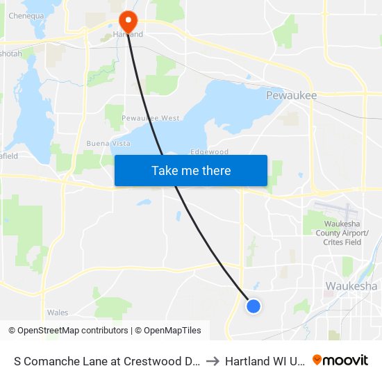 S Comanche Lane at Crestwood Drive to Hartland WI USA map