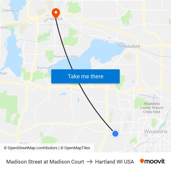 Madison Street at Madison Court to Hartland WI USA map