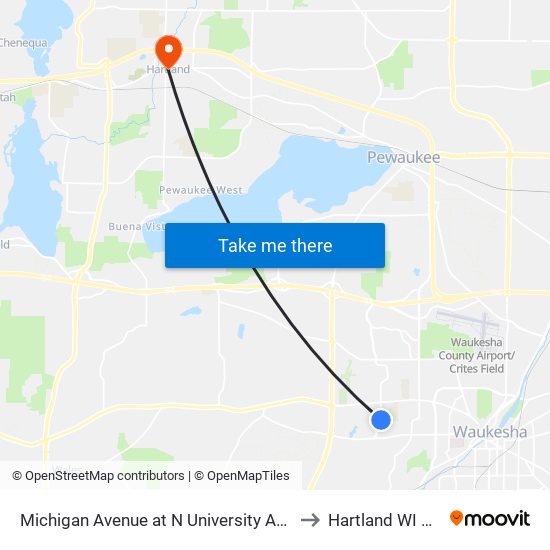 Michigan Avenue at N University Avenue to Hartland WI USA map