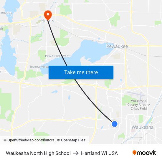 Waukesha North High School to Hartland WI USA map