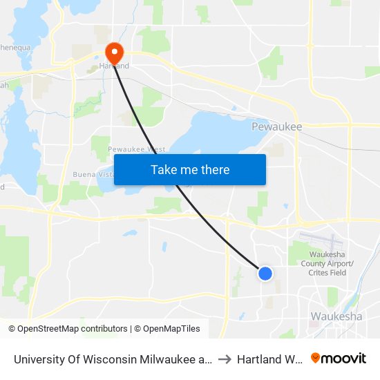 University Of Wisconsin Milwaukee at Waukesha to Hartland WI USA map