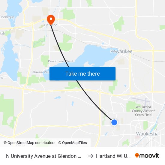 N University Avenue at Glendon Way to Hartland WI USA map