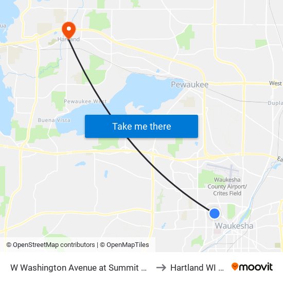 W Washington Avenue at Summit Avenue to Hartland WI USA map