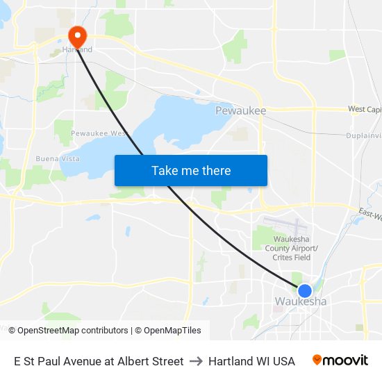 E St Paul Avenue at Albert Street to Hartland WI USA map