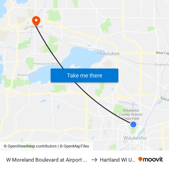 W Moreland Boulevard at Airport Road to Hartland WI USA map