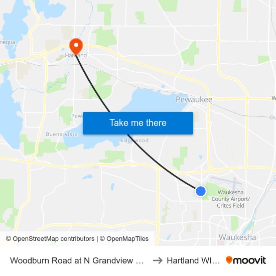 Woodburn Road at N Grandview Boulevard to Hartland WI USA map