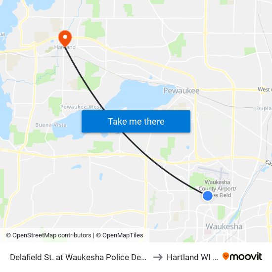Delafield St. at Waukesha Police Department to Hartland WI USA map