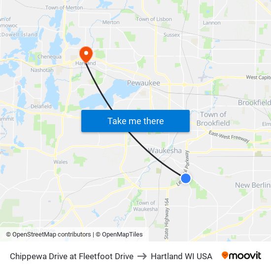 Chippewa Drive at Fleetfoot Drive to Hartland WI USA map