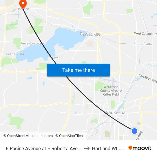 E Racine Avenue at E Roberta Avenue to Hartland WI USA map