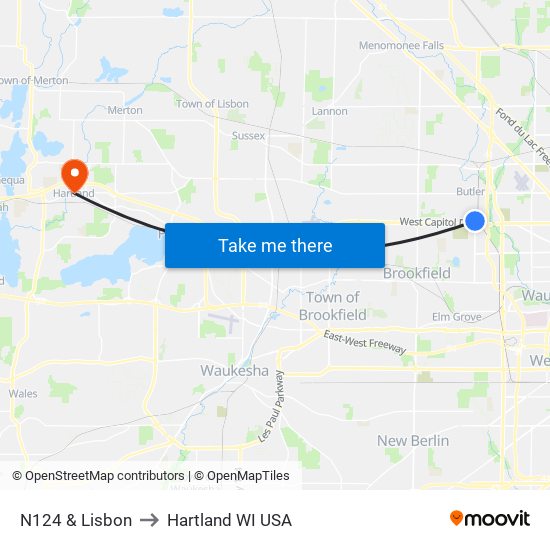 N124 & Lisbon to Hartland WI USA map