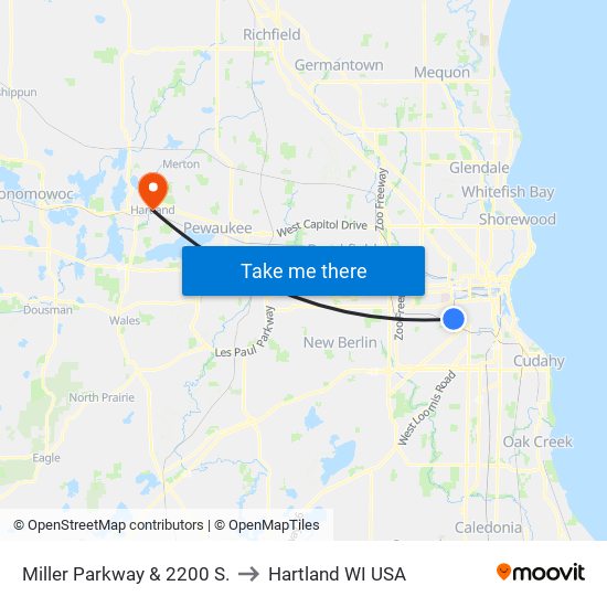 Miller Parkway & 2200 S. to Hartland WI USA map